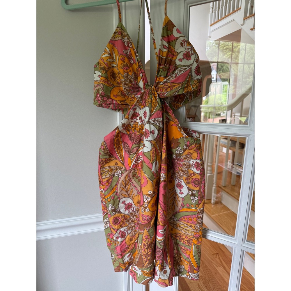 Gianni Bini Retro Paisley Floral Cutout Halter Mini Dress Pink Orange Green 4